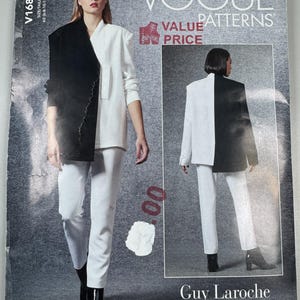 May include: A Vogue Patterns sewing pattern envelope for a Guy Laroche design, V1687, featuring a two-tone black and white blazer and white trousers. The front shows a front and back view of the garment, with text including Vogue Patterns and Value Price.