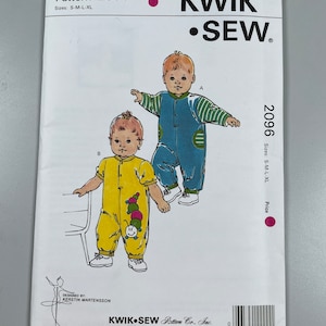 May include: A sewing pattern for a baby onesie. The pattern shows two different styles of onesies, one with a blue and green striped design and the other with a yellow onesie with a colourful caterpillar design. The pattern is from Kwik Sew Pattern Co. Inc. and is for sizes S-M-L-XL.