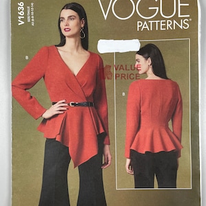 May include: Vogue Patterns V1636 sewing pattern. The pattern features a red wrap top with a black belt and black pants. The Vogue Patterns logo is visible in the upper right corner.