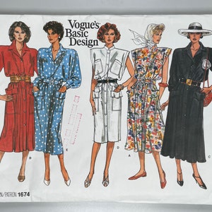 Vogue 1674 Uncut FF Misses Dress Vogue Basic Design. Easy. Sizes 14-16-18. Bust 36-40”. Pockets Slim skirt Full skirt. Shirt Dress. Classic