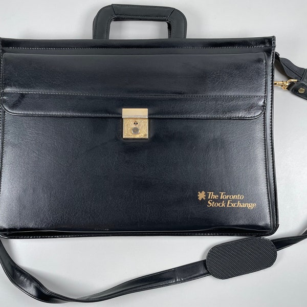 Briefcase The Toronto Stock Exchange 11 x 16” Shoulder Bag. Black leather like Bag. Office Décor. Great Gift. Multi Storage, key n lock up.