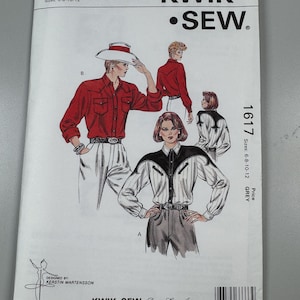 Może przedstawiać: Kwik Sew wzór szycia, wzór numer 1617, z ilustracjami koszul w stylu western. Wzór zawiera rozmiary 6-8-10-12 i jest oznaczony jako "GREY". Okładka przedstawia projekt Kerstin Martensson.