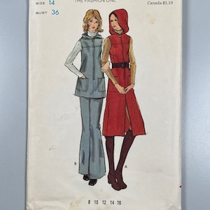 May include: Vintage sewing pattern for a hooded vest and a long vest with a zip closure. The pattern is from Butterick, size 14, bust 36. The pattern is for a woman's garment and is priced at £1.00.