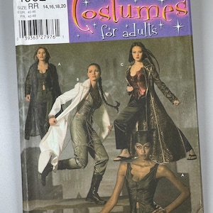 May include: Simplicity costume pattern for adults, featuring four costume designs. The pattern includes sizes 14, 16, 18, and 20. The cover displays images of the costumes, including a long coat and jumpsuit.