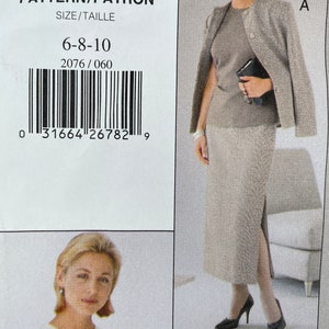 May include: A sewing pattern for a skirt and jacket set. The pattern number is 2076 and the sizes are 6-8-10. The pattern is for a skirt with a side slit and a jacket with a collar.