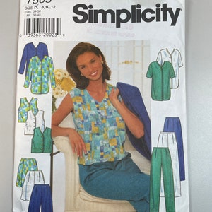 May include: Simplicity sewing pattern number 7503 for sizes 8, 10, and 12. The pattern includes instructions for making a sleeveless top, a button-up shirt, a vest, and trousers. The model is wearing a blue and green patterned sleeveless top and trousers.