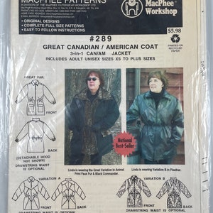 May include: A vintage MacPhee Patterns sewing pattern for a Great Canadian/American coat. The pattern includes multiple variations and sizes for adult unisex wear. The cover features illustrations and photos of the coat designs, with the text "National Best-Seller".