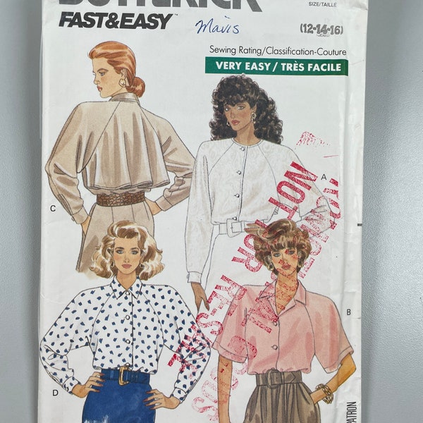 Butterick 3029 Complete Fast and Easy Misses loose fitting Shirt, Jewel neckline or collar. Sizes 12-14-16. Bust 34”-38”. Make a jacket too.