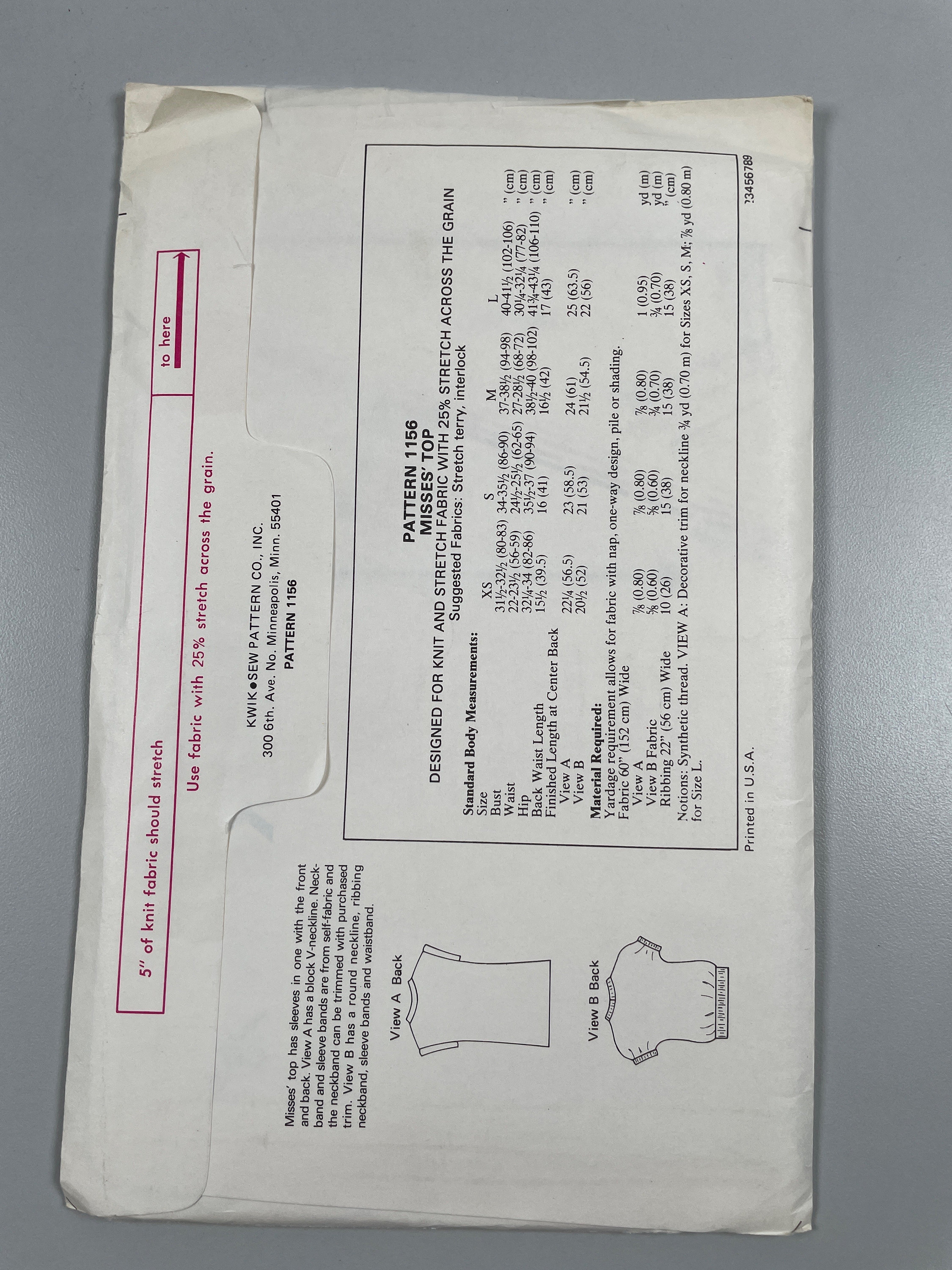 Kwik Sew 1156 FF Unopened Uncut Misses Top T Shirt V Neck