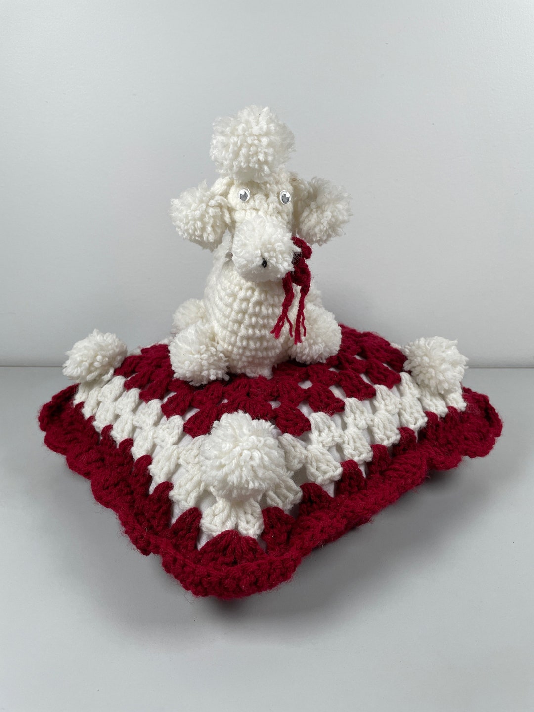 Vintage White Poodle Crochet Doggie Sitting on Pillow. Burgandy and ...