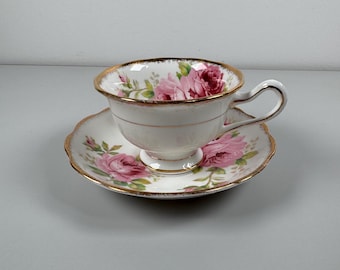 Royal Albert American Beauty Tea Cup & Saucer: Bone China, Pink Flowers, Gold Gild