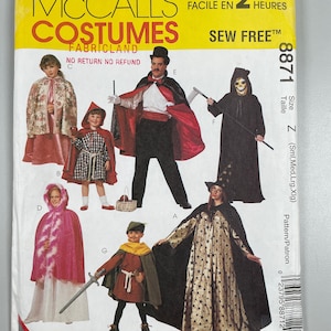 May include: Sew Free pattern for making costumes. The pattern includes instructions for making a magician, a witch, a hooded cape, a grim reaper, and a medieval costume. The pattern is for sizes small, medium, large, and extra large.