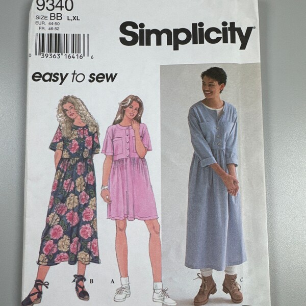 Simplicity 9340 FF Uncut Easy to Sew Dress has Full Skirt Raised at Waistline n Optional Pockets size 18-24 bust 40”-46” Comfortable Dresses