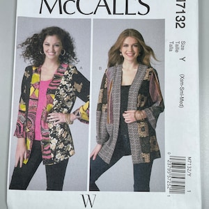 May include: A sewing pattern for a jacket with a geometric print. The pattern is from McCall's and is designed by Melissa Watson for Palmer/Pletsch. The pattern number is M7132 and the size is Y (Xsm-Sml-Med).