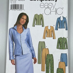 May include: A sewing pattern for a jacket and skirt. The pattern is for sizes 6, 8, 10, and 12. The pattern is from Simplicity and is called "Easy Chic".