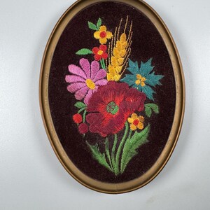 Vintage Black/brown Velvet Floral Embroidered Oval Framed 7.5” X