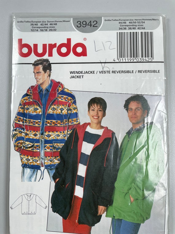 Burda 3942 FF Uncut Unisex Jackets. Reversible Jacket. Hooded Jacket. Sizes 12 14 16 18 20 22. Loose Jacket. Uncut. Etsy