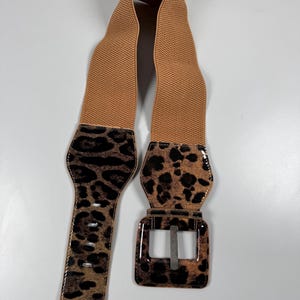 Vintage Elastic Stretch Belt with Patent Leather Leopart Print Large Buckle Waist  29”- 36”