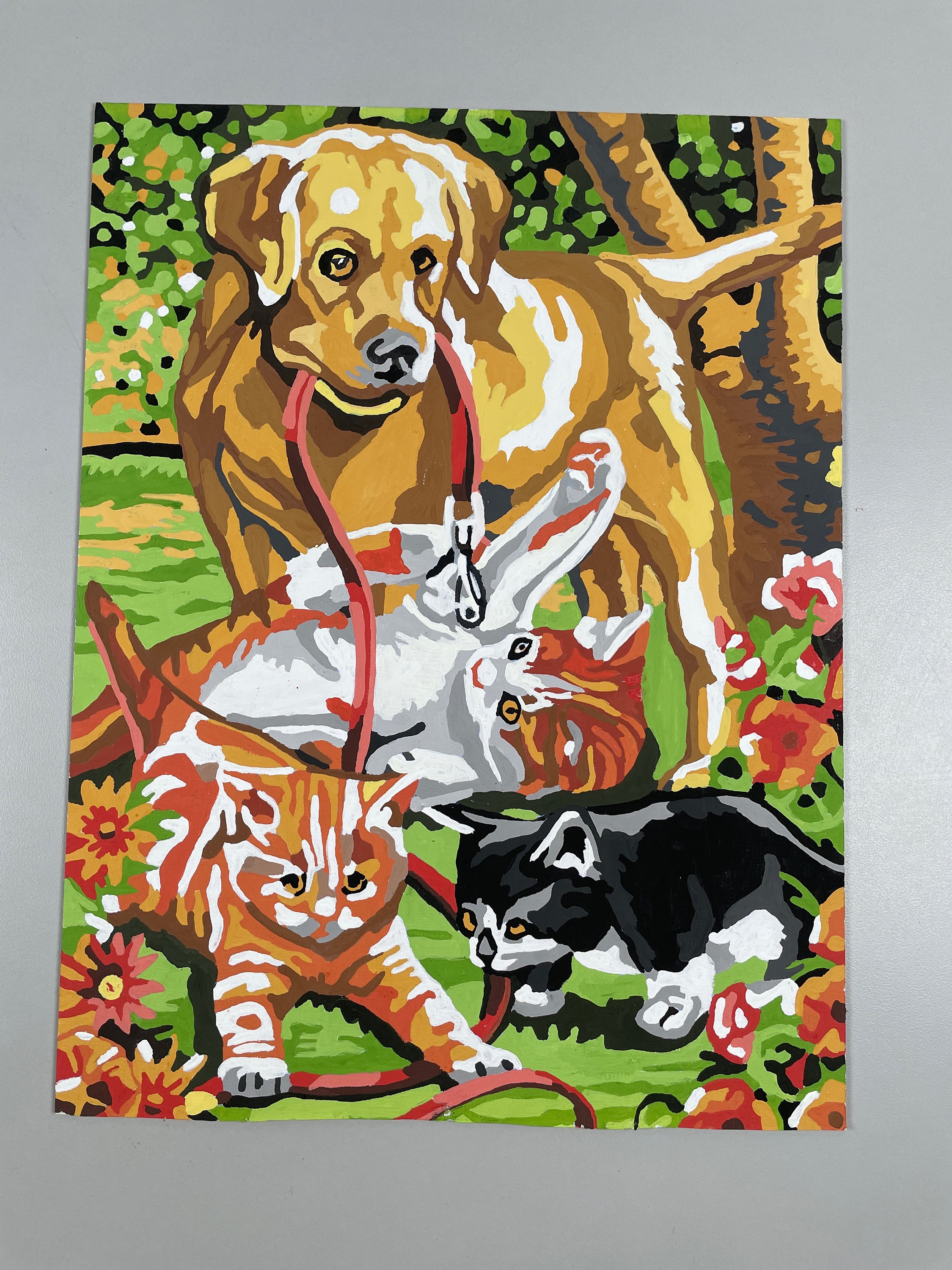 Vintage Paint by Number Wall Art. Three Cats and a Dog 9” X 12