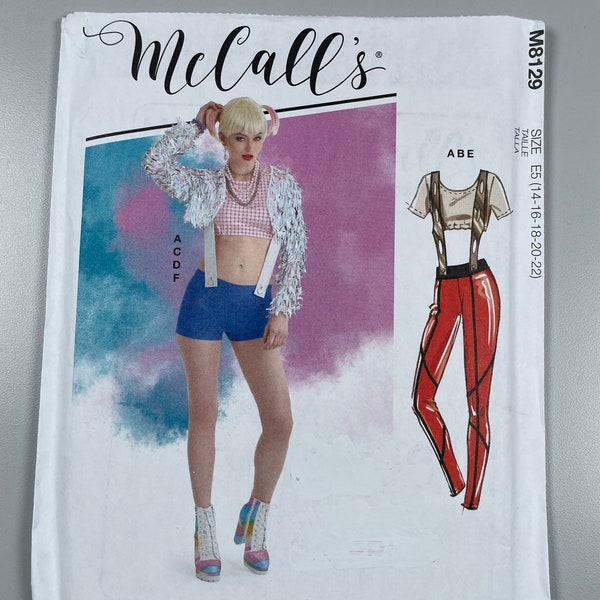 McCalls M8129 FF Uncut. Misses Costume Super Hero Easy sew two way stretch knits. Top pants shirts jacket suspenders size 14-22 bust 36”-44”