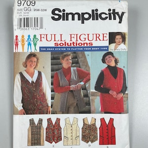 May include: A sewing pattern for a vest, with a full-figure design. The pattern includes instructions for making four different styles of vests, with different necklines and button closures. The pattern is from Simplicity, and is for size GG, 26W-32W.