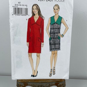 Vogue V9147 FF Uncut Very Easy Misses Dress semi fitted lined pullover with collar pockets with back flap. Size 6-14 bust 30.5”-36” Pattern