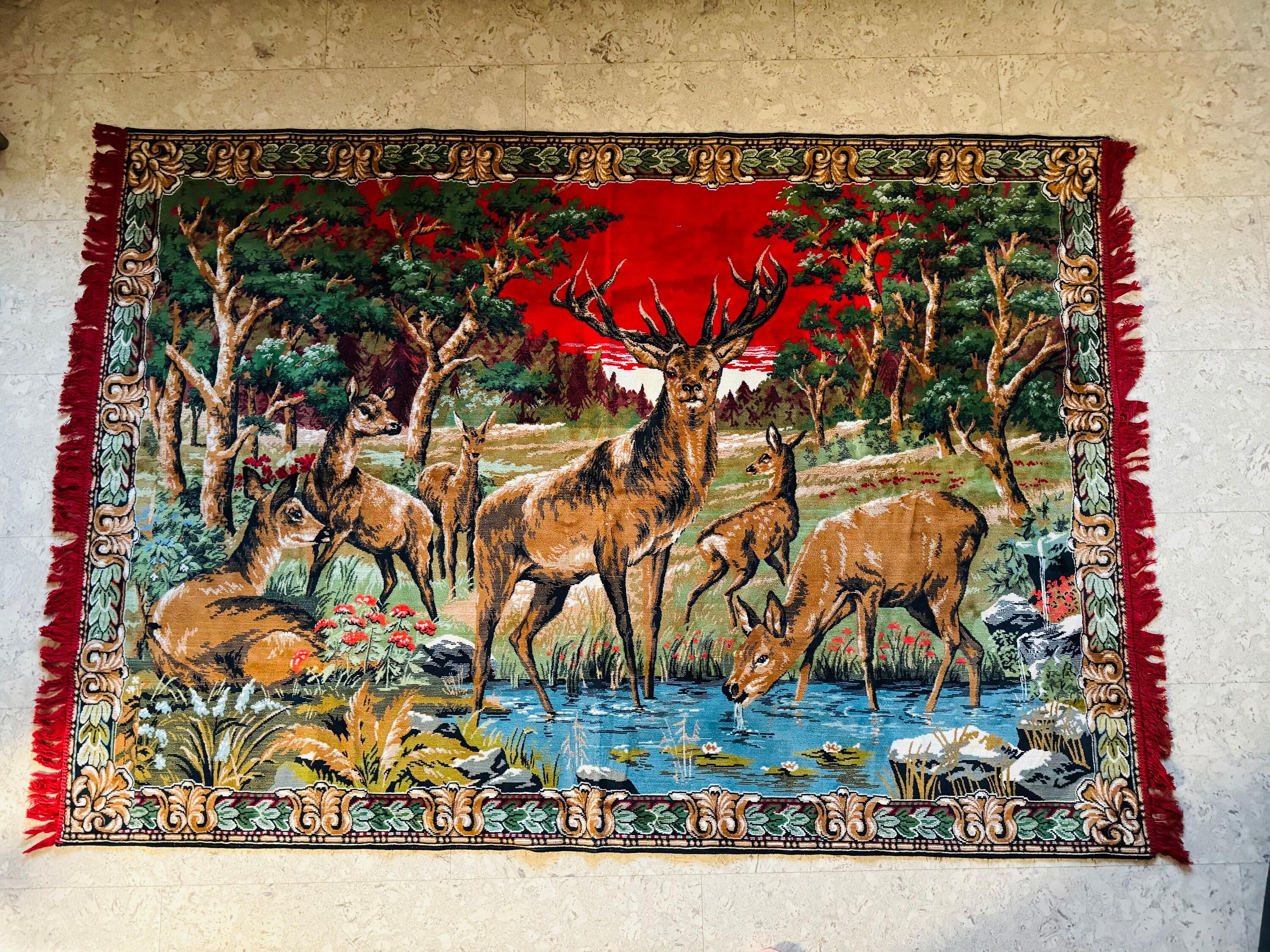 Vintage Velvet Tapestry Deer Wall Hanging Throw Rug 52 X 72 Cute Red Fringe. Large Decor Sofa Floor Wall Art Cabin Home Office Camp. Etsy