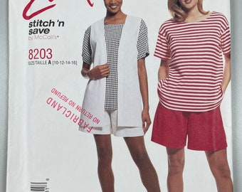 McCall's 8203 FF Uncut Easy Sew misses Vest Top and Pull on Shorts. Unlined Vest and pullover Shirt sleeved top feature. Size 10-12-14-16