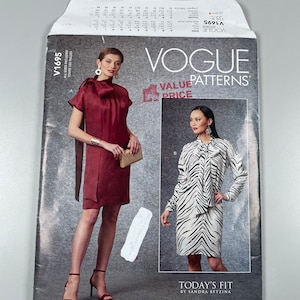 May include: Vogue Value Patterns sewing pattern for a dress with a tie neck. The pattern shows two different styles of the dress, one in a solid red colour and the other in a black and white zebra print. The pattern is labelled "V1695" and "Today's Fit by Sandra Betzina".