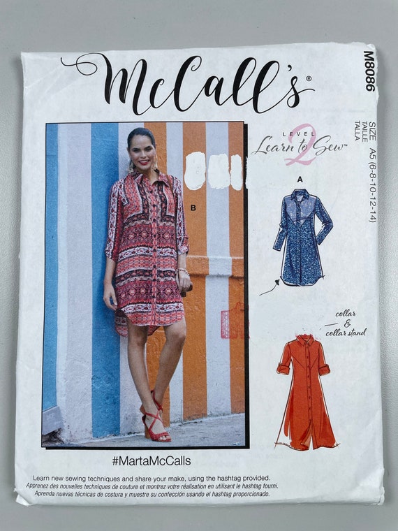 Mccall's M8086 FF Learn to Sew Uncut Shirt Dress With Detailing Options.  Size 6-14 Bust 30.5-36 See All Photos for More Information Pattern - Etsy