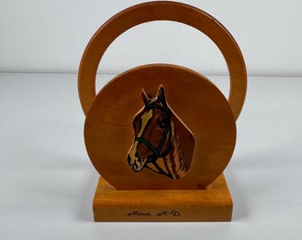 Vintage 1950s Wooden Horse Head Napkin Letter Card Art Display Holder. 4.75”Hx 2.5”D x 5”W in very good condition for the age Fun Wood Decor