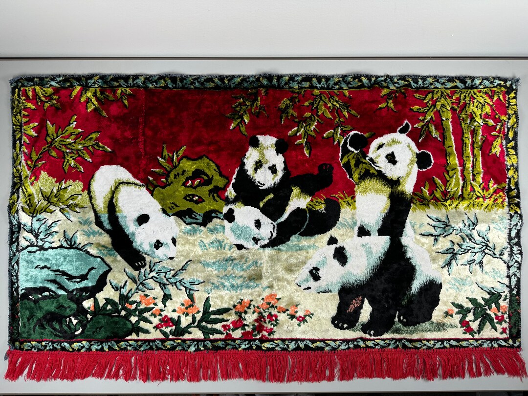 Vintage Velvet Panda Red Fringe Wall Hanging Throw Dresser Scarf Table ...