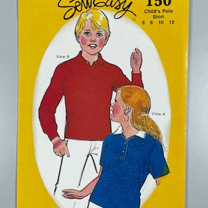 May include: Sew Easy pattern number 150 for a child's polo shirt. The pattern includes two views, one with long sleeves and one with short sleeves. The pattern is for sizes 6, 8, 10, and 12.