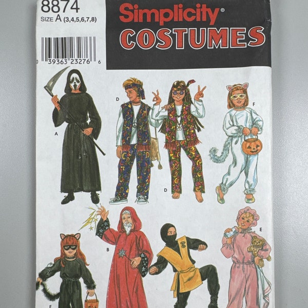 Simplicity 8874 FF Uncut Children’s Halloween Costumes easy to sew Size 3 to 8 chest size 22 inches to 27 inches Bunny, Cat, Ninja, Hippie,