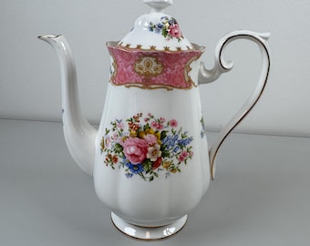 Royal Albert Lady Carlyle Coffee Pot, English Bone China, Pink Floral (Handle Flaw AS IS)