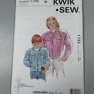 May include: A Kwik Sew pattern envelope, pattern 1745, showing illustrations of two people in denim jackets. The envelope includes the text "Sizes: 4-5-6-7" and "Designed by Kerstin Martensson."