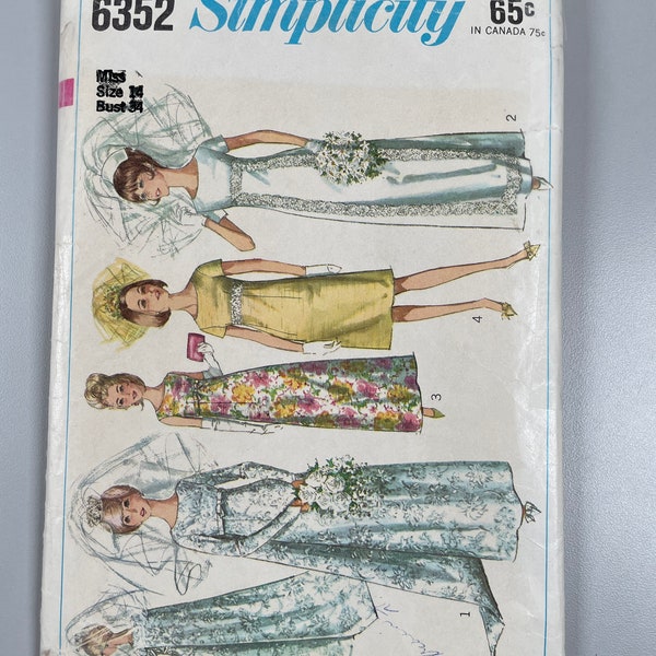 Simplicity 6352 Misses Wedding Dress with Detachable Train or Bridesmaids dresses Grad or evening gowns. Size 14 bust 34”. Some cut.