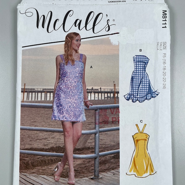 McCalls M8111 FF Uncut Easy Sew Dresses Multi styling. Novelty Satin Beaded Cotton blend Fabrics. Cocktails to Beach. Size 16-18-20-22-24.