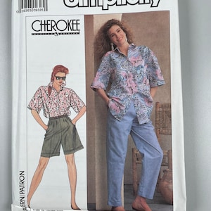 May include: Simplicity sewing pattern number 9253 for a shirt and pants. The pattern is for sizes 12-18 and 40-46. The pattern features a woman wearing a floral print shirt and blue pants. The pattern also features a woman wearing a pink and white patterned shirt and green shorts.