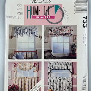 McCall's 733 FF カットなし、簡単縫製。ホームデコレーション用の窓飾り。ベル、スカート付きバルーン、スワッグ、カフェ風の紋章付き窓飾り。