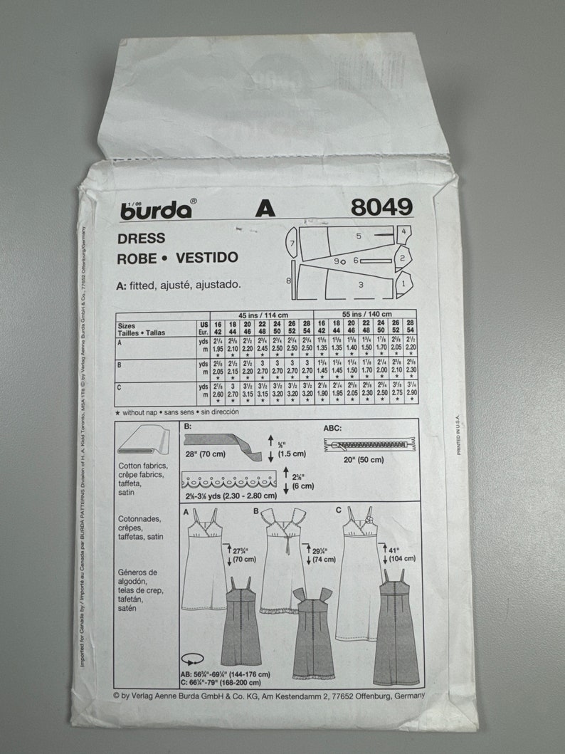 Burda Pattern Sizing Burda 8049 FF Uncut Burda Young Fashion Dresses Size 16-28 Bust 37 3/4 ...