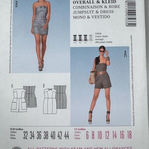 Peut inclure: Un patron de couture pour une robe bustier et une combinaison. Le patron comprend des tableaux de tailles en tailles européennes et américaines. Le texte indique "OVERALL & KLEID COMBINAISON & ROBE JUMPSUIT & DRESS MONO & VESTIDO".