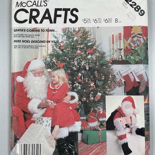 McCalls 2289  FF Uncut 1985 Crafts Santa Claus Costume, Hat, Belt, Boots, Bag and Doll. Size small chest 34-36” Christmas Sewing Pattern