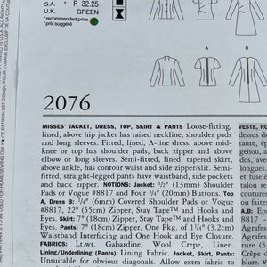 May include: A sewing pattern for a jacket, dress, top, skirt, and trousers. The pattern is for sizes 6-22. The pattern includes instructions for making a loose-fitting jacket with shoulder pads, a fitted A-line dress, a semi-fitted skirt, and straight-legged trousers. The pattern is printed on white paper with black text and illustrations.
