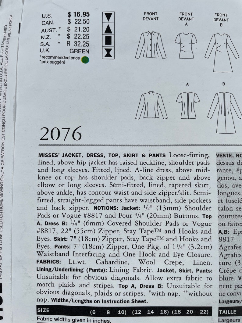 May include: A sewing pattern for a jacket, dress, top, skirt, and trousers. The pattern is for sizes 6-22. The pattern includes instructions for making a loose-fitting jacket with shoulder pads, a fitted A-line dress, a semi-fitted skirt, and straight-legged trousers. The pattern is printed on white paper with black text and illustrations.