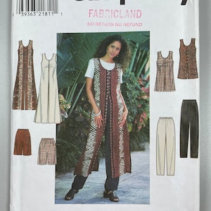 May include: Simplicity sewing pattern number 8213 for sizes 12, 14, and 16. The pattern includes instructions for making a long, sleeveless dress with a front zipper, a pair of shorts, and a pair of pants. The pattern is printed on white paper with a black and white photo of a woman wearing the dress.