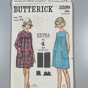 May include: A vintage sewing pattern for a dress, featuring two illustrations of girls wearing the dress. The pattern is for sizes 9-13 and 10-16. The pattern number is 3599 and the price is 50 cents. The pattern is from Butterick.