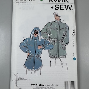 May include: A Kwik Sew pattern envelope 1770 for sizes XS-S-M-L. The front features illustrations of two jackets with cinched waists, one with a fur-trimmed hood and one with a high collar. Text includes Kwik Sew, pattern 1770, and company address.