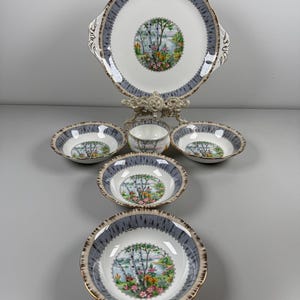 Vintage Royal Albert Silver Birch Set: Sandwich Plate, Bowls, Sugar Bowl