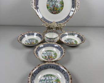 Vintage Royal Albert Silver Birch Set: Sandwich Plate, Bowls, Sugar Bowl
